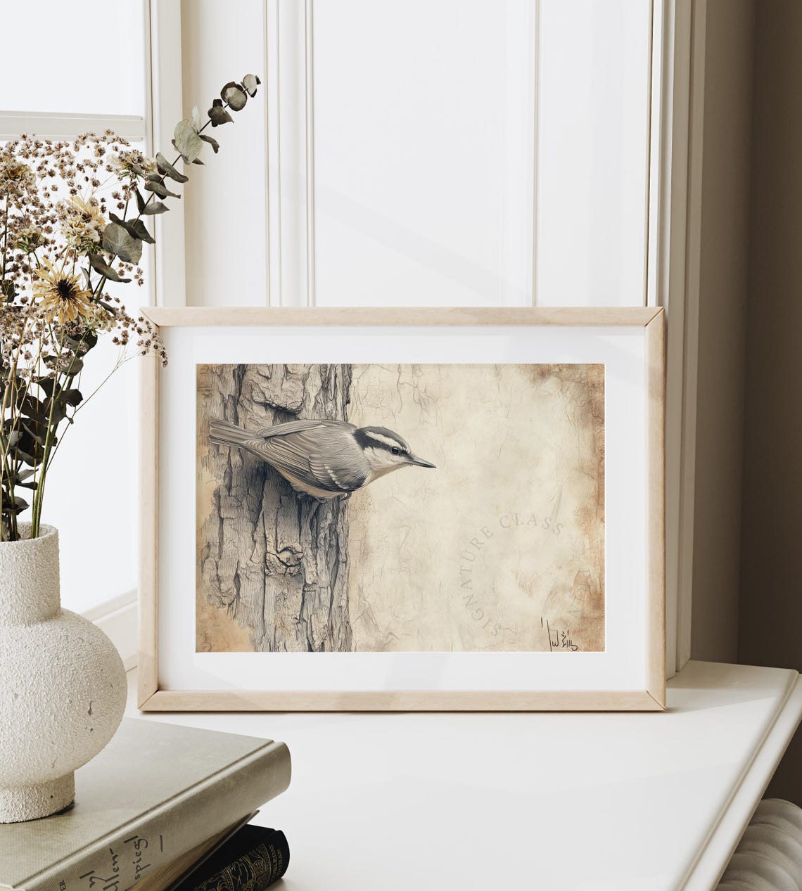 Nuthatch Bird Climbing Tree Trunk In Sepia Sketch Style Poster - Image 6