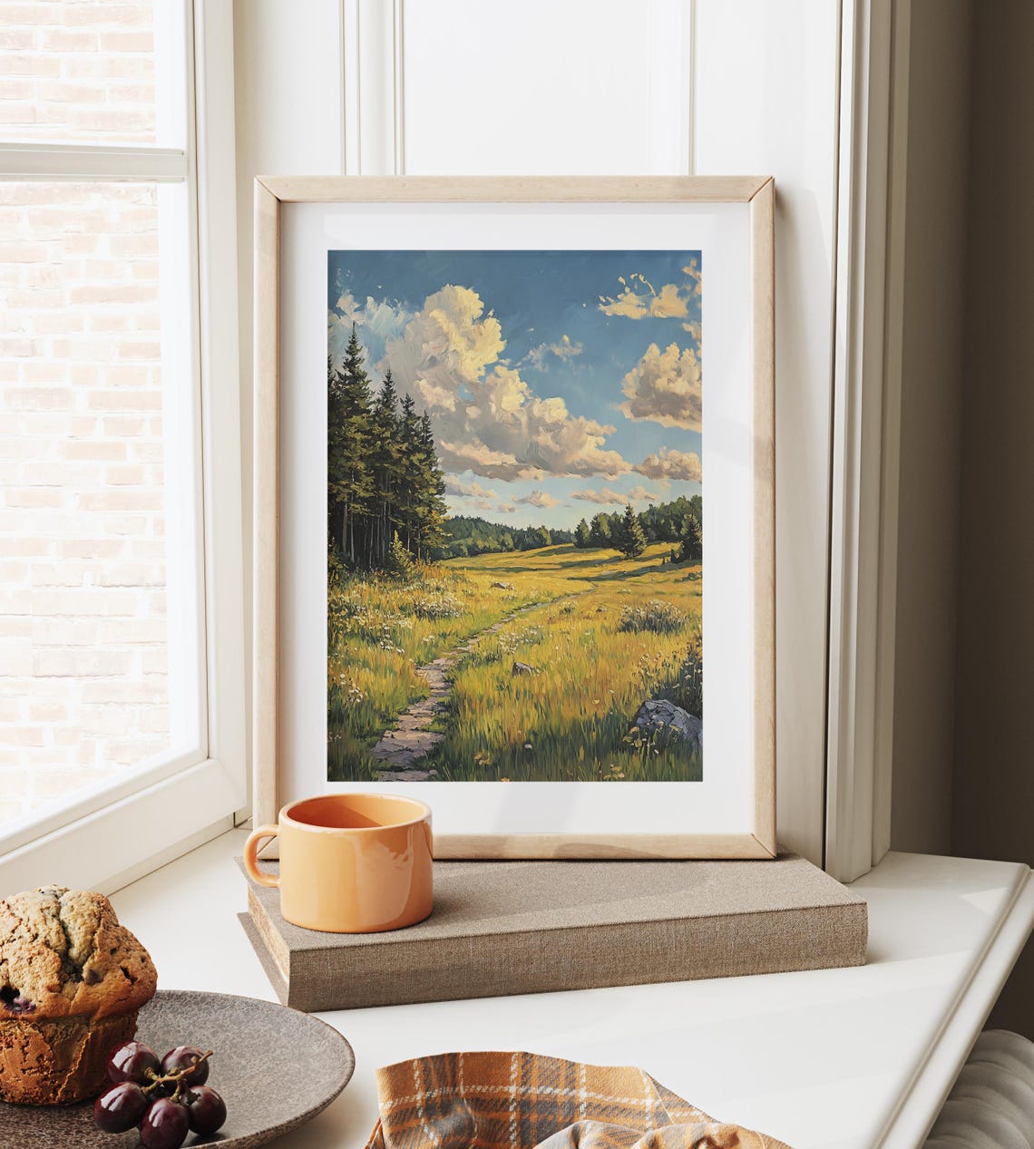 Golden Meadow Pine Forest Path Under Summer Sky Landscape Poster - Image 6