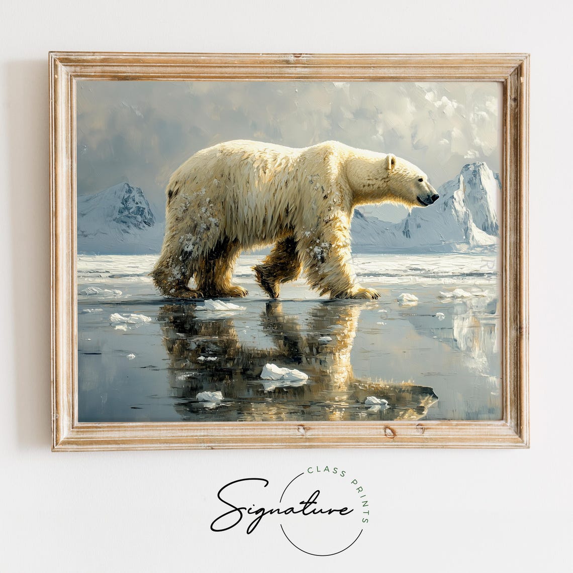 Polar Bear Walking On Icy Shoreline With Mountains Arctic Poster