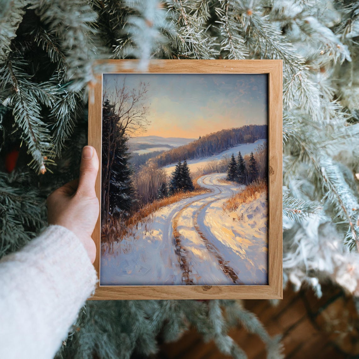 Winding Snowy Country Road Golden Sunset Winter Landscape Poster - Image 6