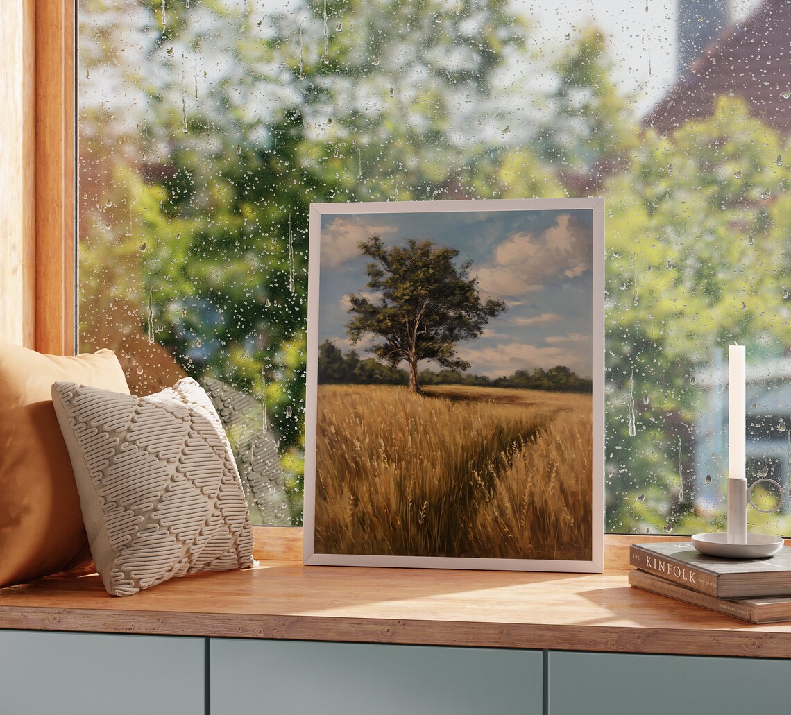 Lone Tree Golden Grain Field Blue Sky Summer Countryside Vintage Poster - Image 2