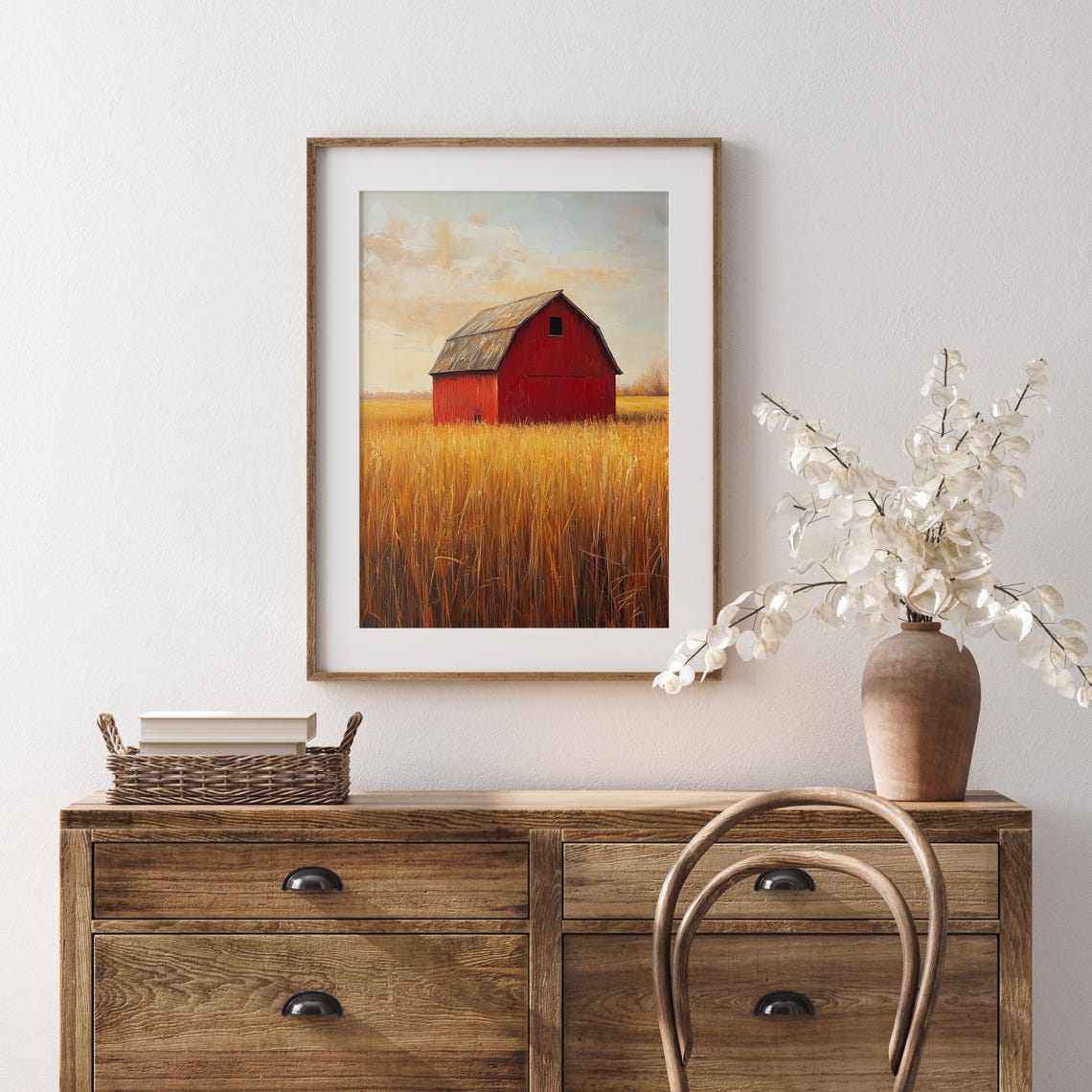 Red Barn Golden Wheat Field Oil Painting Farm Sunset Wall Poster - Image 5