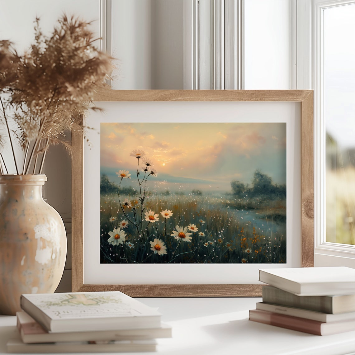 Dewy White Daisies Dawn Misty Sunrise Meadow Soft Floral Nature Poster - Image 2