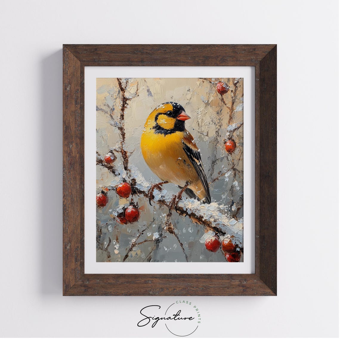 Goldfinch On Snowy Branch With Red Berries Winter Bird Art Poster - Image 2