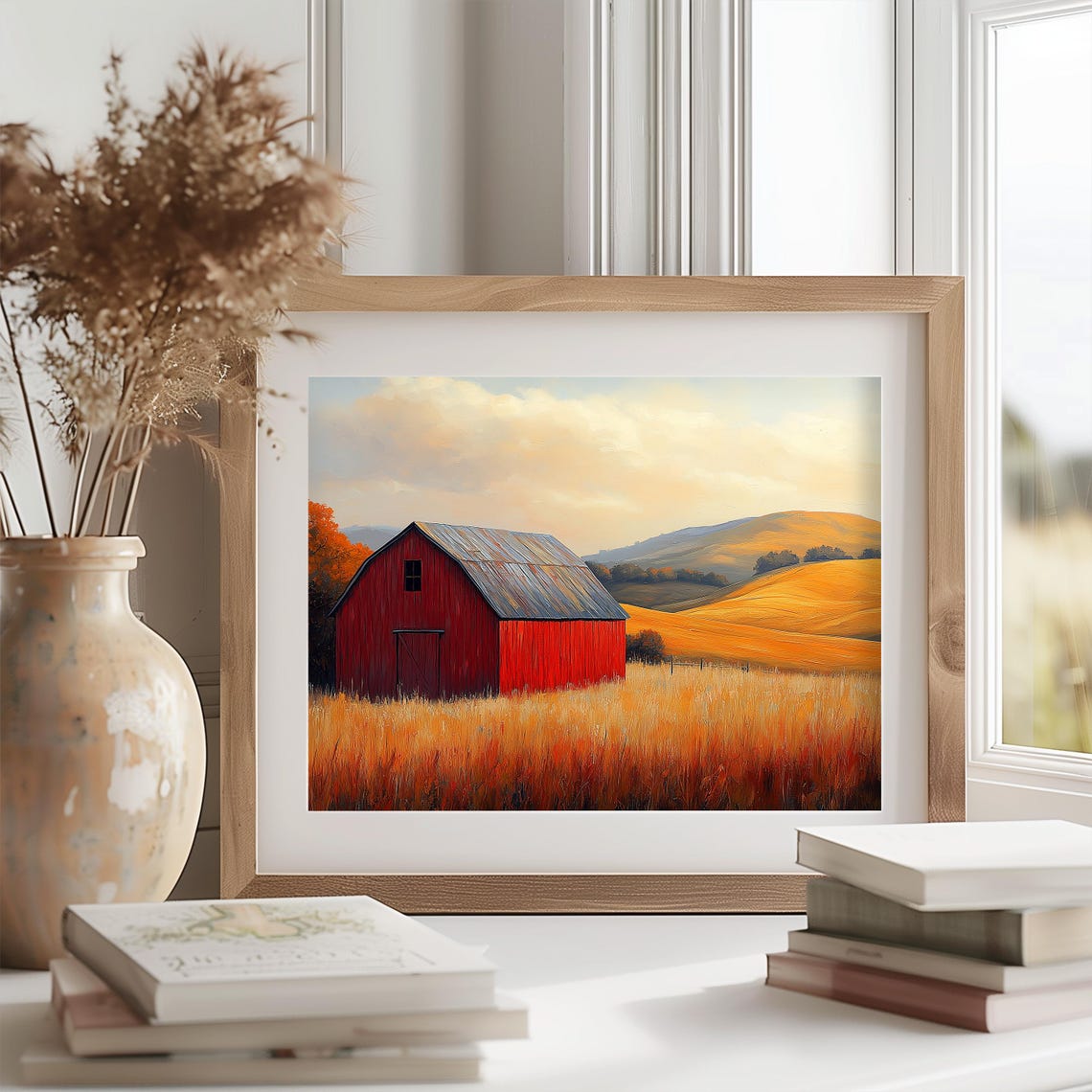Red Barn Autumn Field Golden Sunset Rolling Hills Farm Wall Art - Image 2