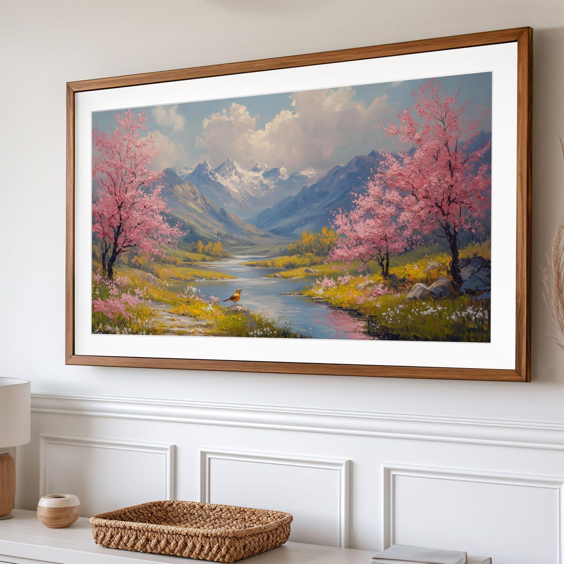 Snowy Mountain River Valley With Cherry Blossoms Spring Poster - Image 2