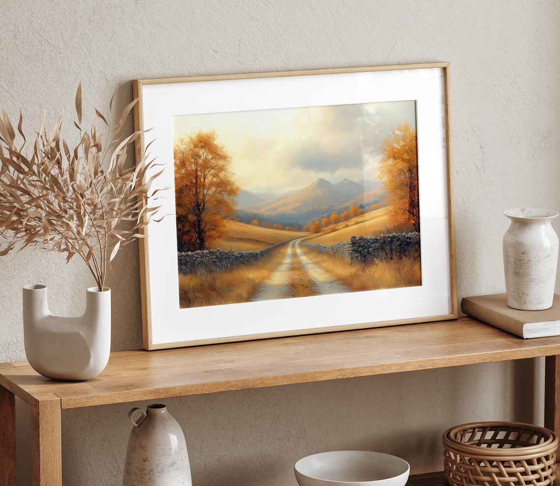 Autumn Country Road With Stone Walls Leading to Golden Mountains Wall Art - Image 4