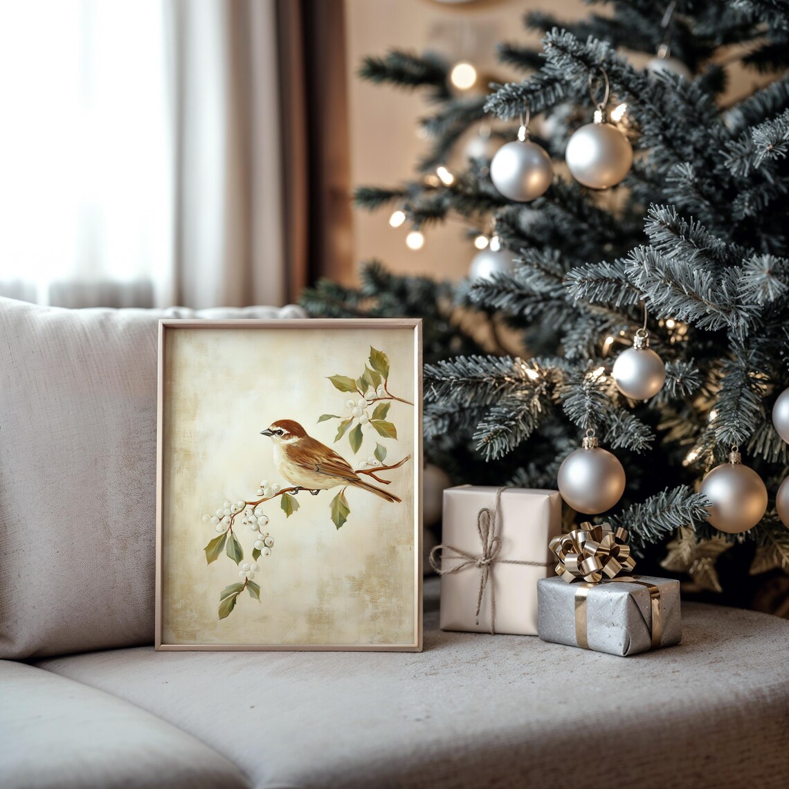 Sweet Brown Songbird on Winter Berry Branch Oil Painting Poster - Image 5