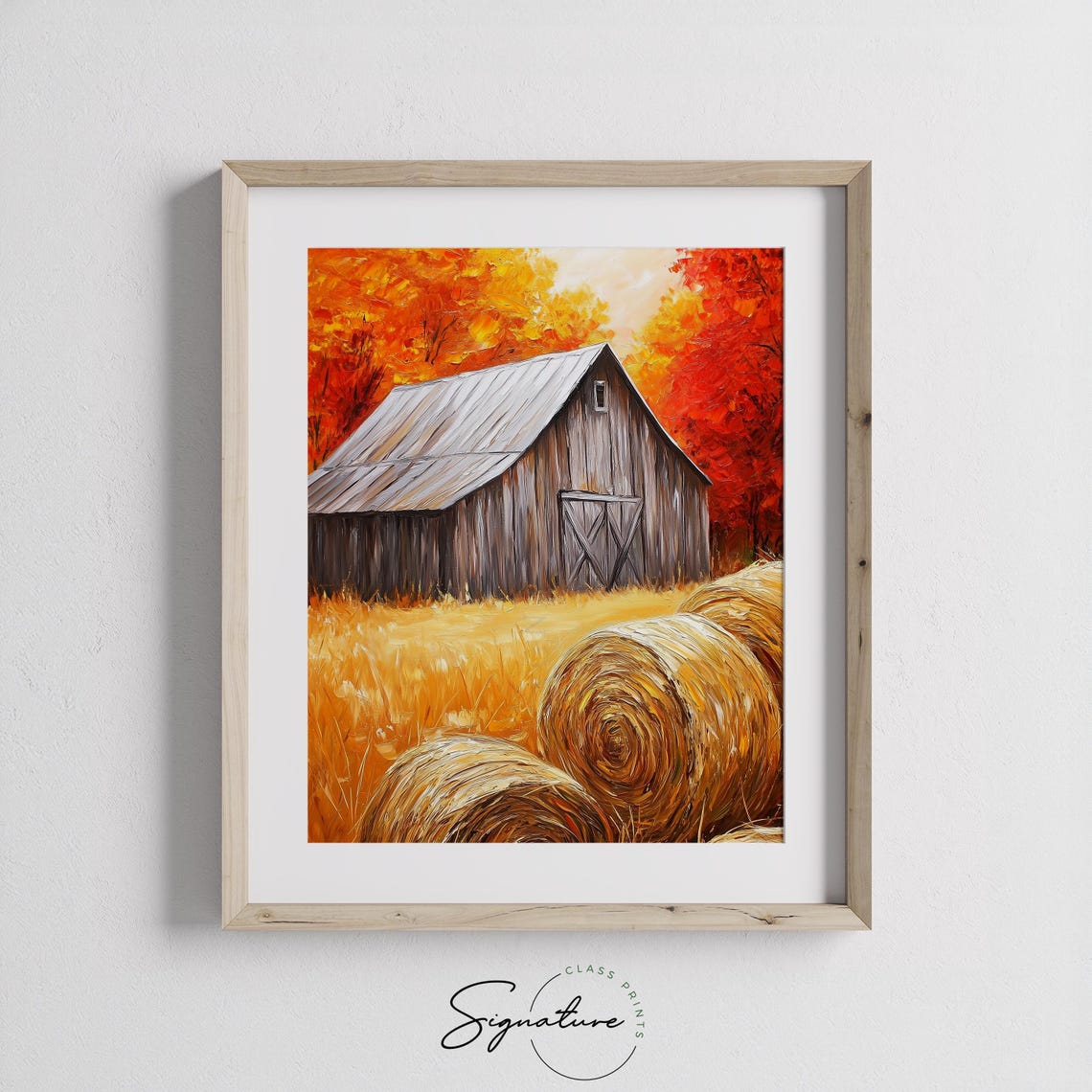 Weathered Barn Metal Roof Hay Bales Fiery Autumn Trees Poster - Image 3