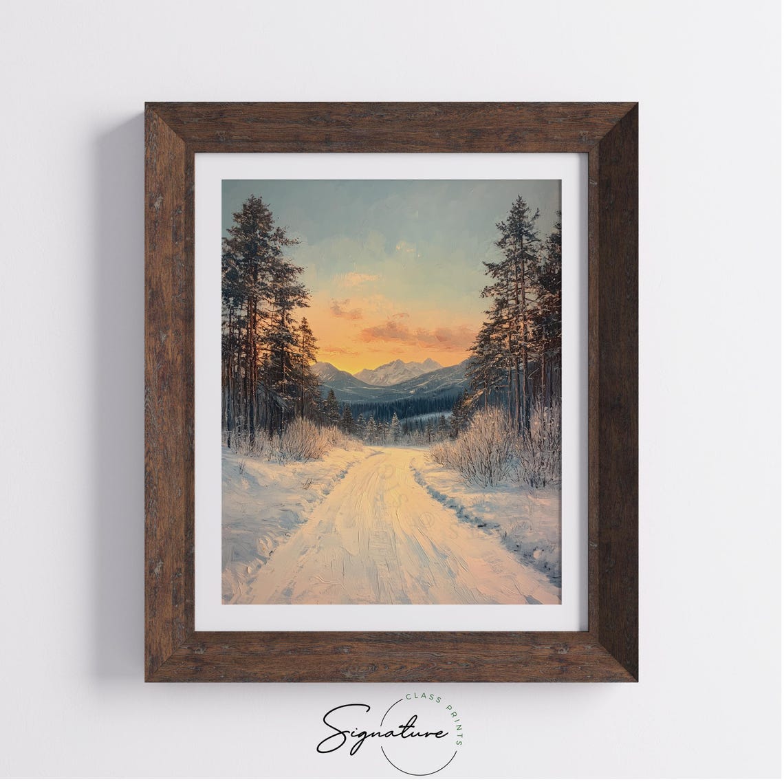 Snow Covered Road Through Pines at Sunset Winter Oil Painting Print - Image 2