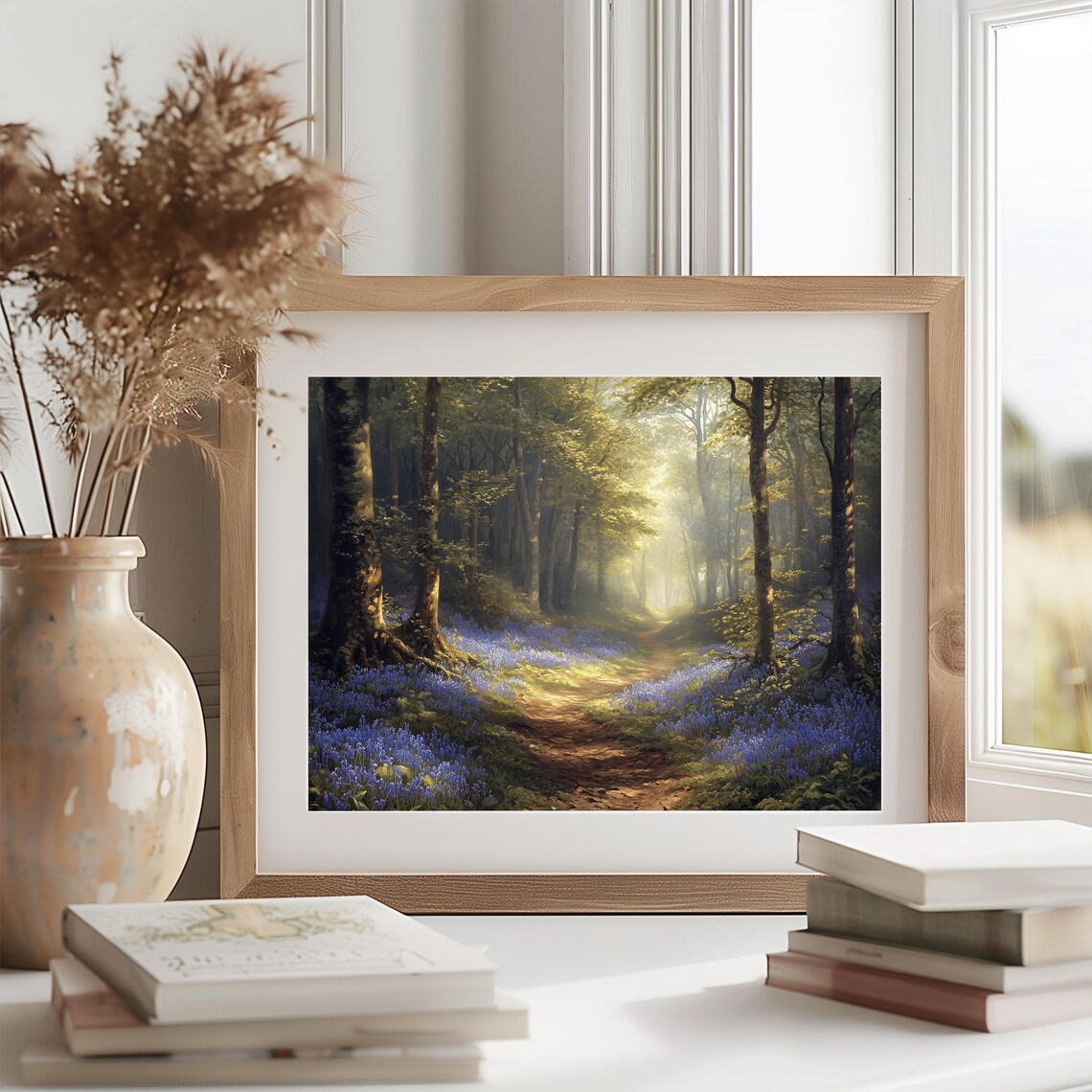 Bluebell Forest Pathway, Rustic Woodland Scene Art Print - Image 2