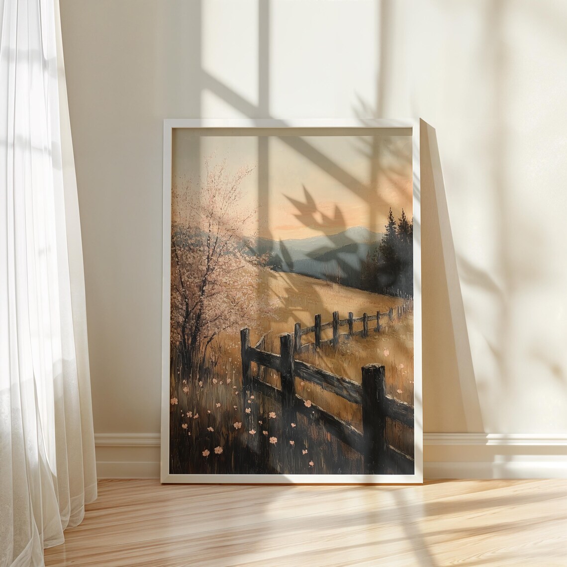 Blossoming Tree Wooden Fence Sunset Over Golden Hills Landscape Poster - Image 2