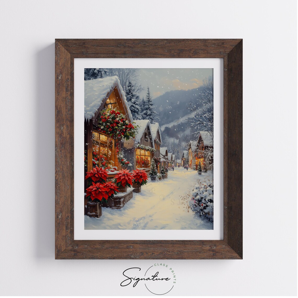 Snowy Village Flower Shop with Poinsettias Christmas Street Poster - Image 3