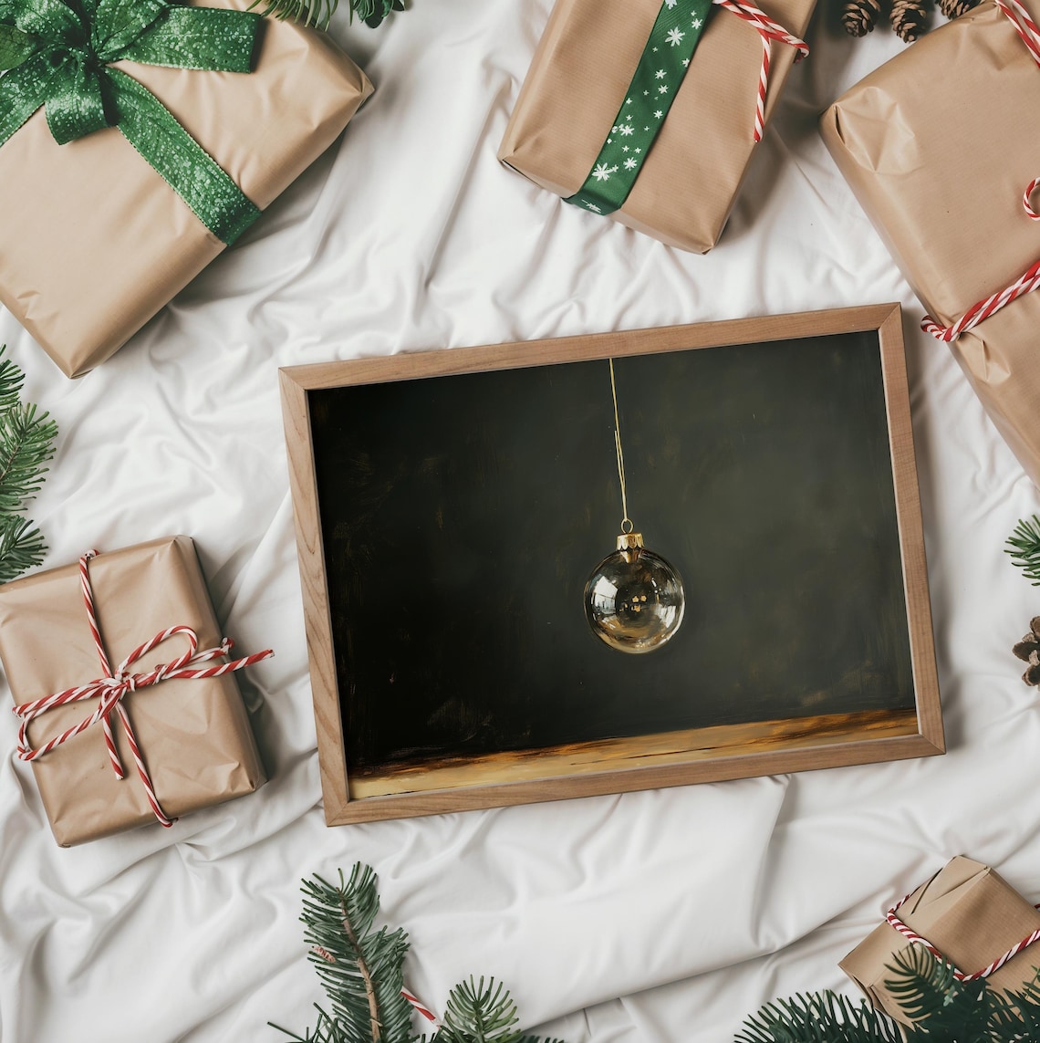 Single Amber Glass Christmas Bauble Hanging On A Dark Wall Poster - Image 2