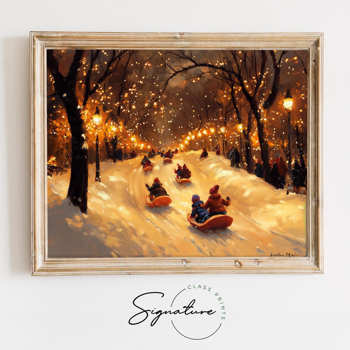 Children Sledding Down A Snowy Hill Under Warm Street Lamps Poster