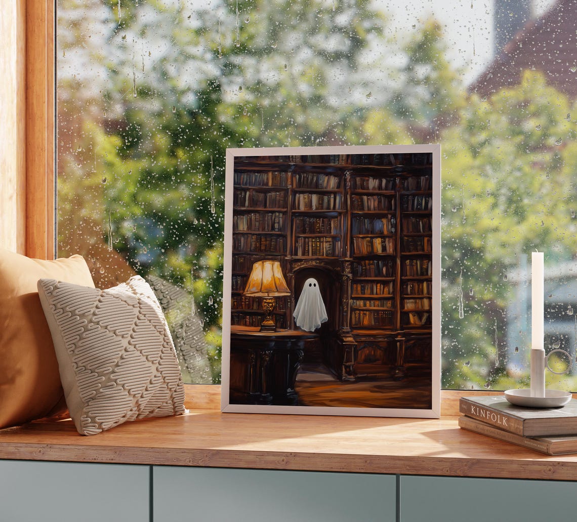 Cute Ghost Grand Library Vintage Bookshelves Lamp Glow Poster - Image 2