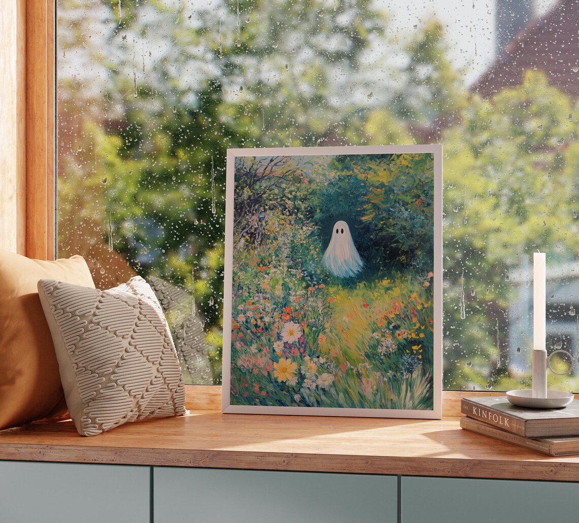 Friendly Ghost in a Lush Secret Garden of Wildflowers Art Poster - Image 2
