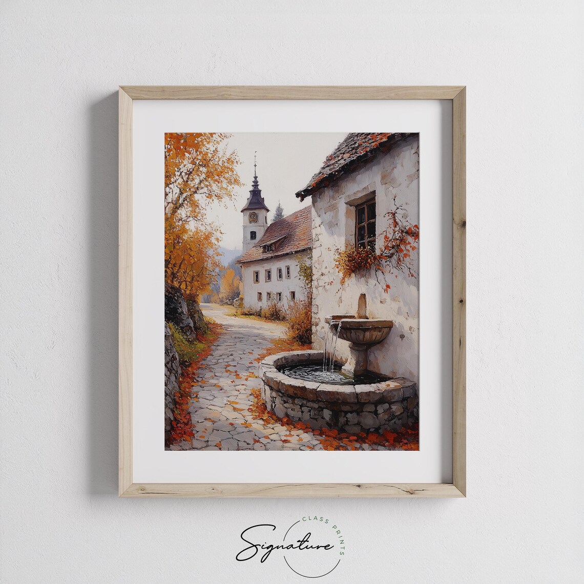 Old European Street With Stone Fountain and Clock Tower in Autumn Wall Art - Image 3