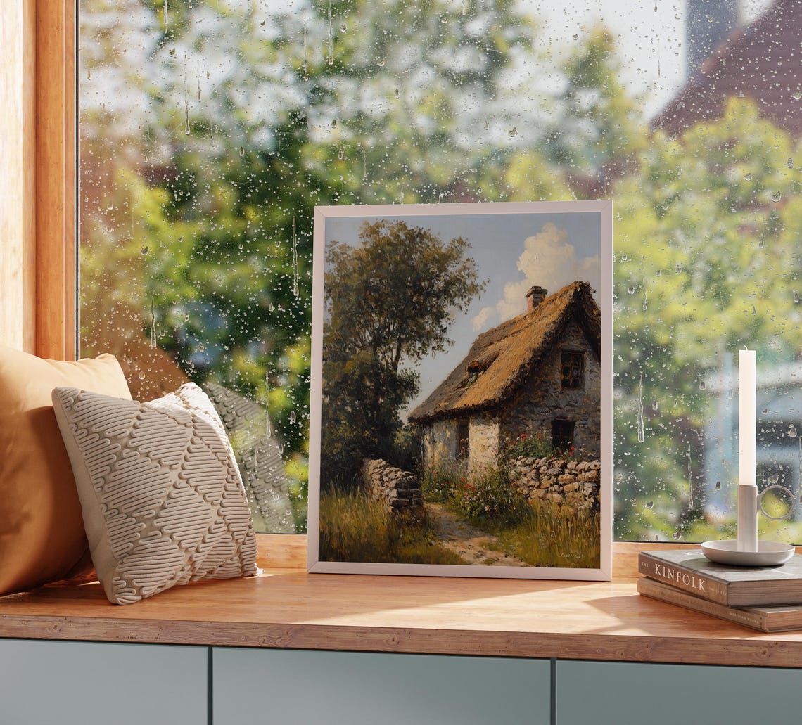 Old Stone Thatched Cottage Wildflowers Rustic Countryside Print - Image 2