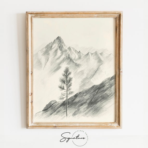 High Mountain Vista With Lone Pine Sketch Serene Mountain Art Print Monochrome Nature Landscape Scene Wall Decor 751