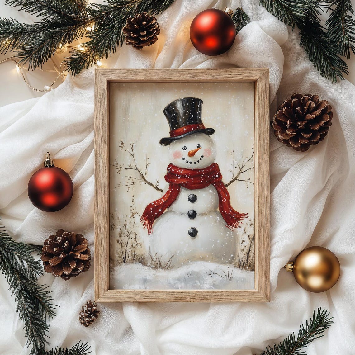 Cheerful Snowman with Red Scarf and Top Hat in Falling Snow Poster - Image 4