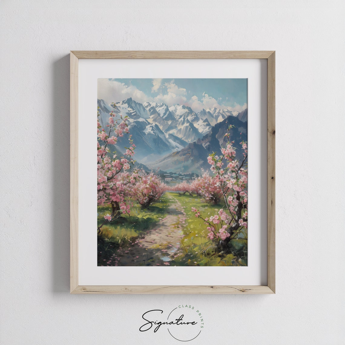 Blossoming Orchard Pink Spring Path Snowy Mountain Valley Poster - Image 3