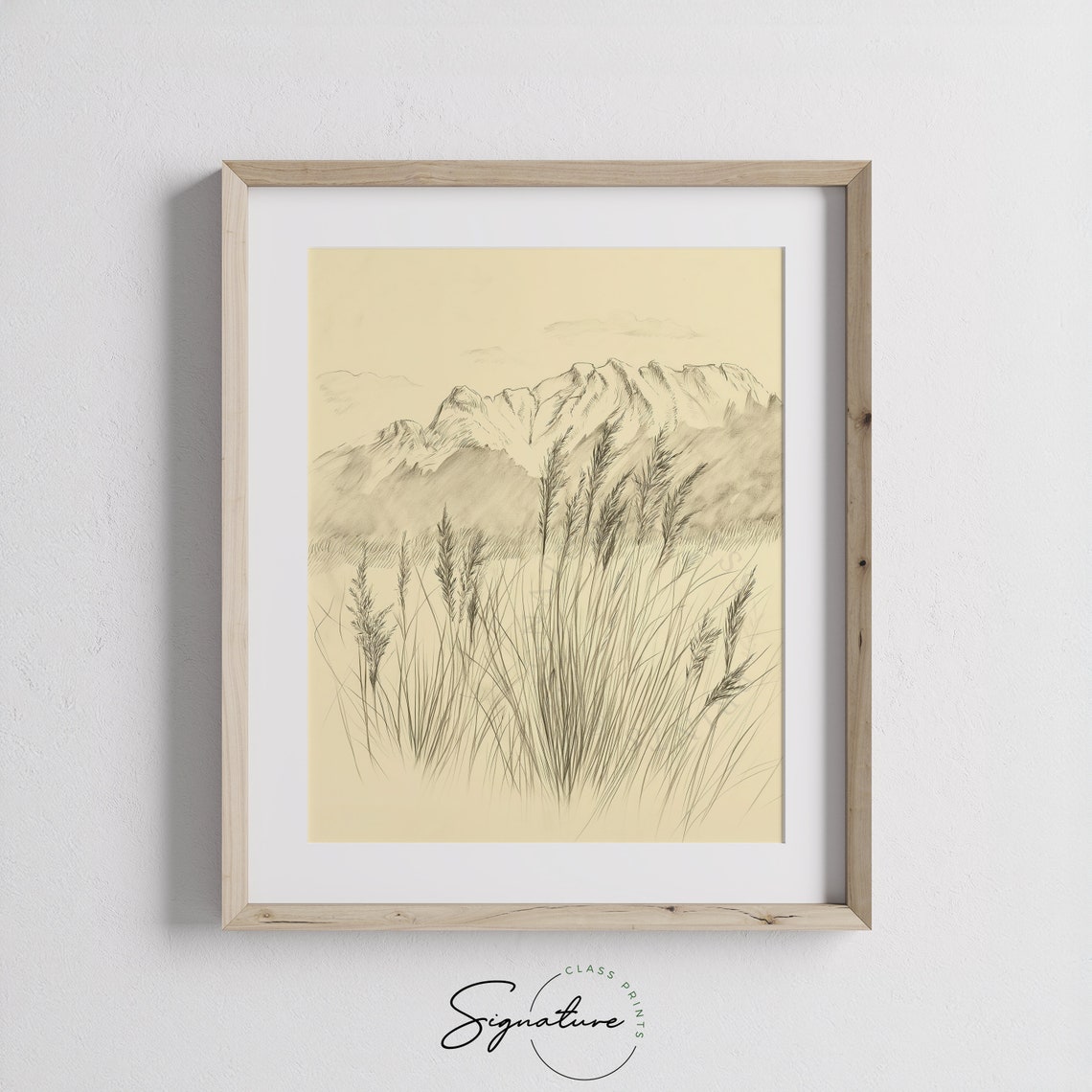 Wild Grasses Before Snow Capped Mountains Sepia Sketch Poster - Image 3