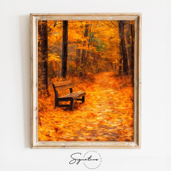 Wooden Bench on a Quiet Autumn Forest Trail Covered in Leaves Poster