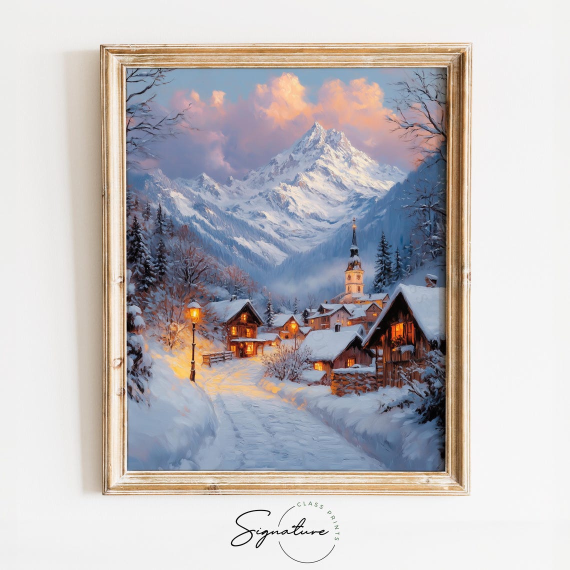 Snowy Alpine Village at Dusk with Church Spire Mountain Poster