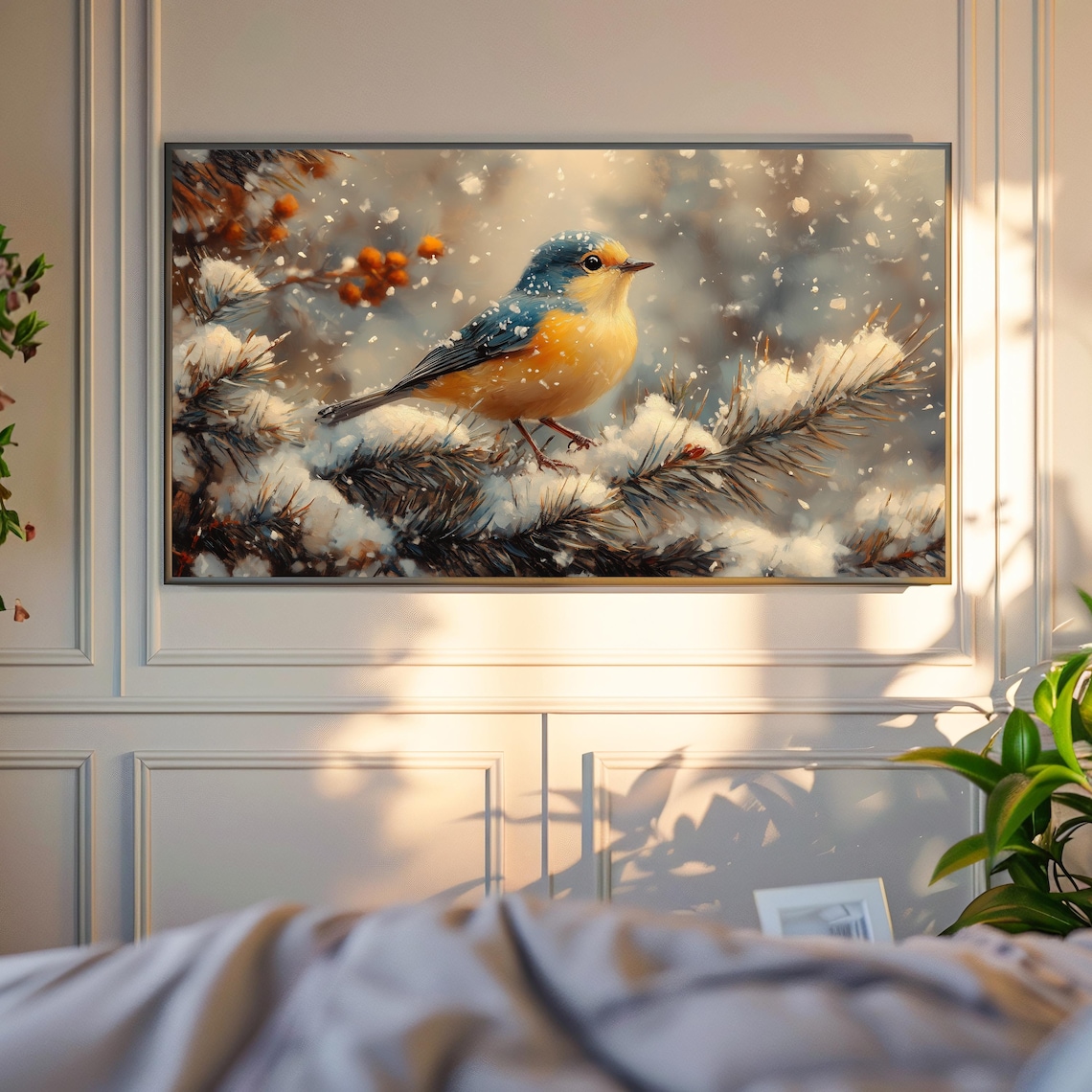 Goldfinches In Snowy Winter Scene Art Print - Image 4