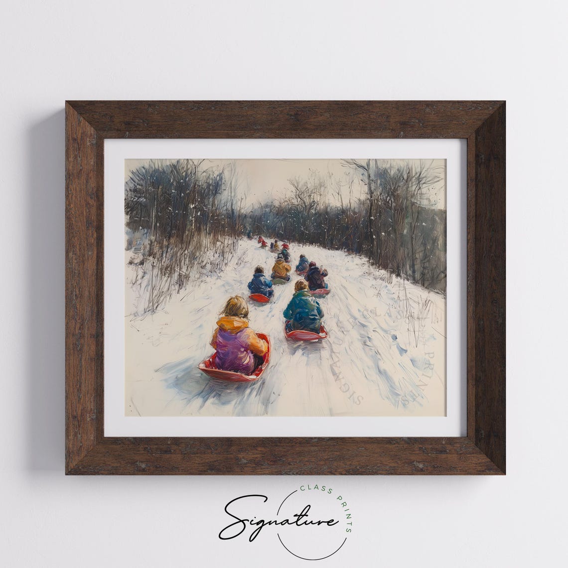 Children Sledding Downhill On Red Sleds Joyful Winter Poster - Image 5