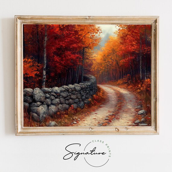 Dirt Road Old Stone Wall Red Maple Forest Autumn Painting Print