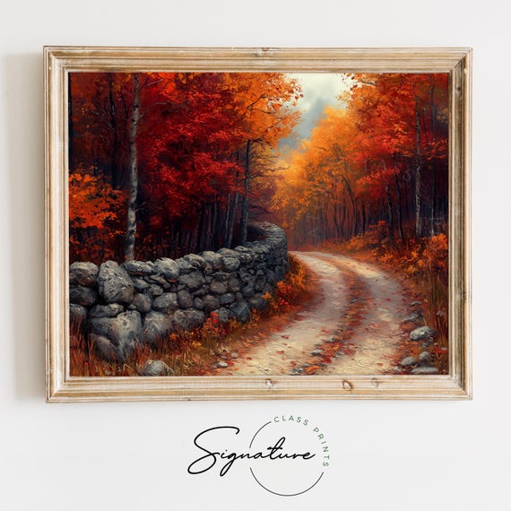 Rustic Country Lane With Stone Wall And Vibrant Autumn Trees Fall Landscape Earthy Pathway Moody Countryside Wall Art 1932