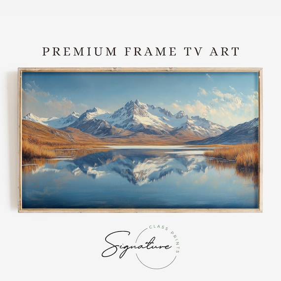 Snow Capped Mountains Over Lake With Golden Autumn Hills Winter Art Poster