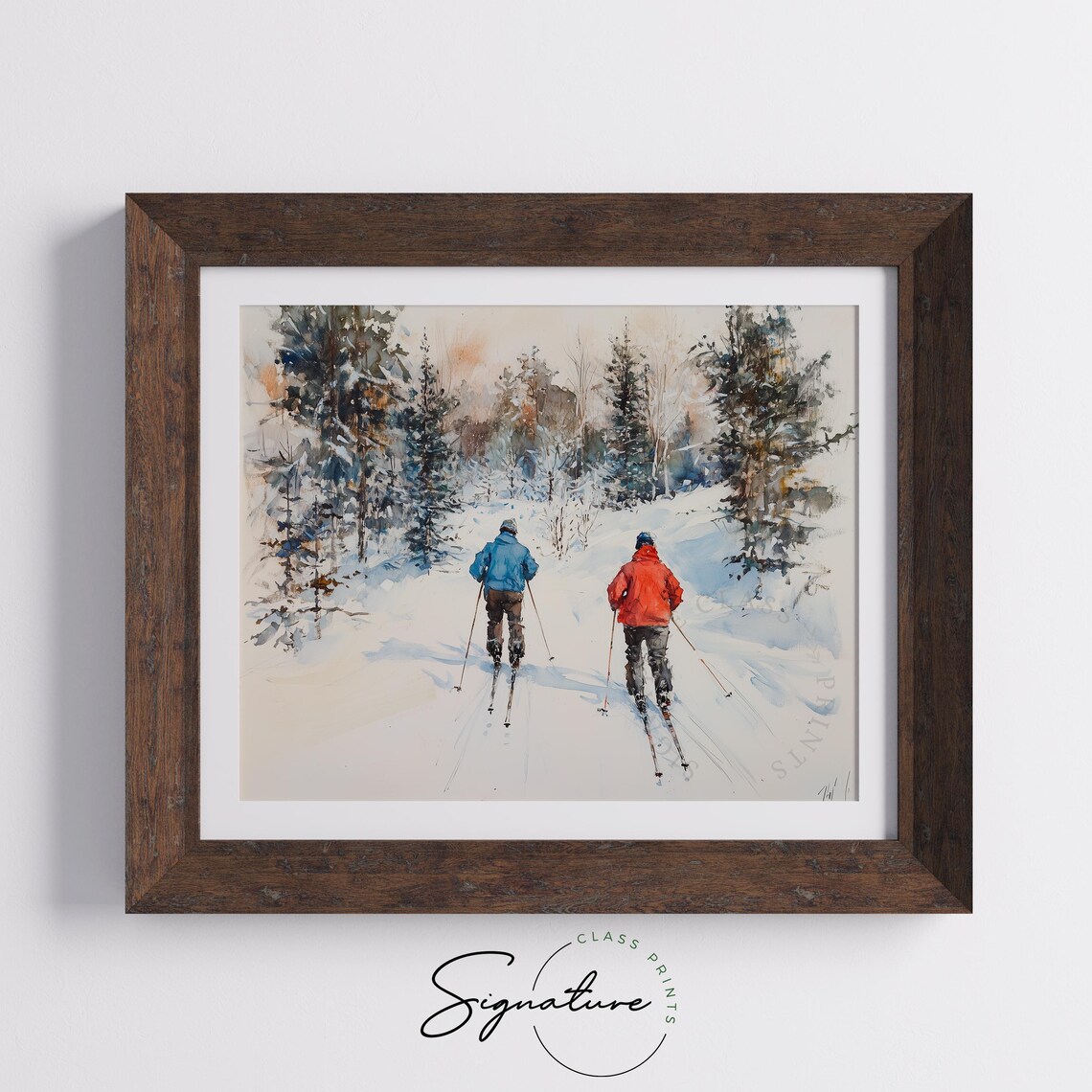 Two Cross Country Skiers In Snowy Forest Watercolor Winter Poster - Image 5