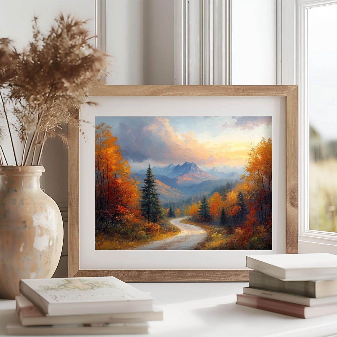 Winding Road Through Autumn Forest Toward Distant Peaks Poster - Image 2