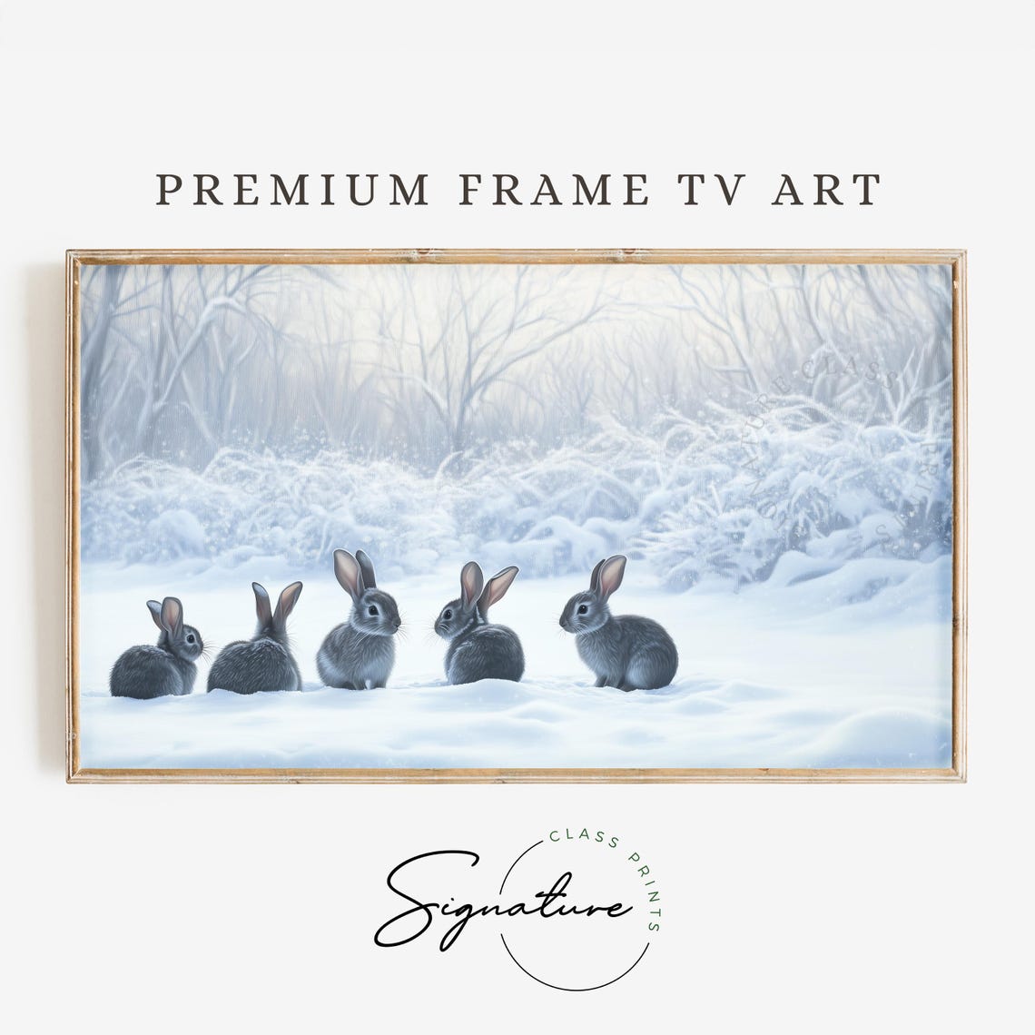 Five Grey Rabbits in Snowy Clearing Winter Wildlife Scene Poster