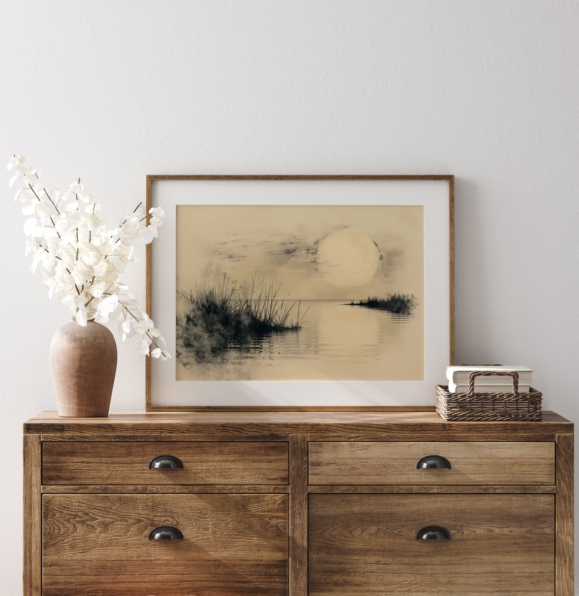 Quiet Lake At Dawn With Reeds Soft Charcoal Sketch Poster Art - Image 3