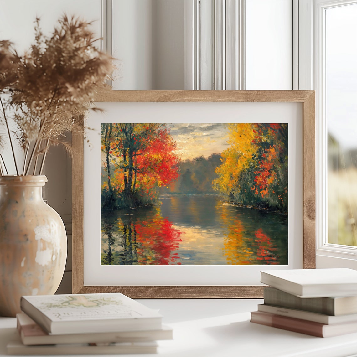 Tranquil Autumn River Between Red And Gold Trees Water Art Poster - Image 2