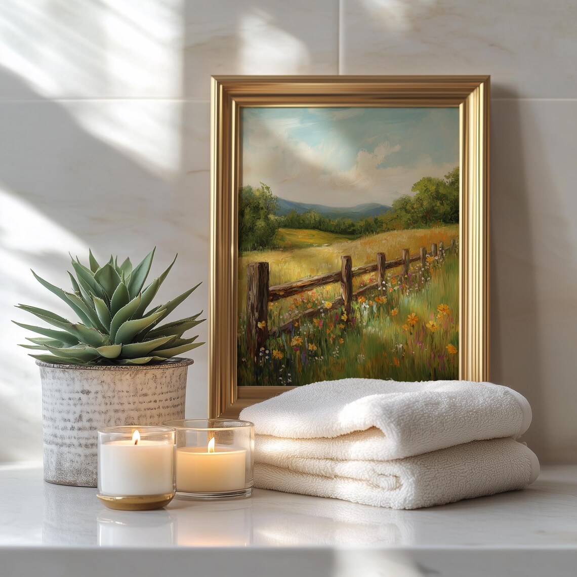 Rustic Wooden Fence Wildflower Meadow Country Landscape Painting Poster - Image 3