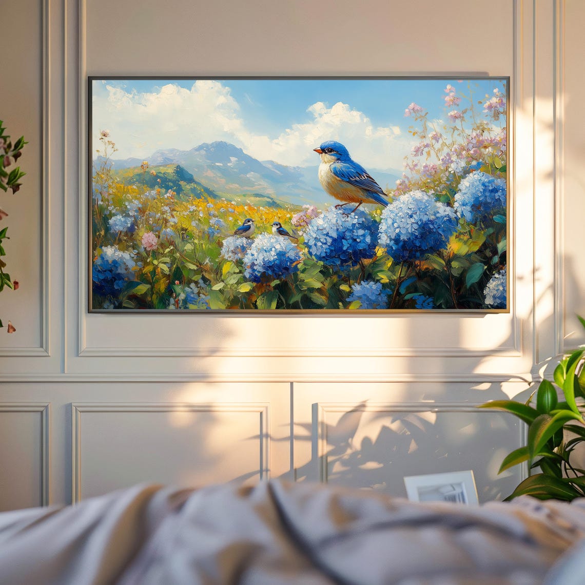 Bluebird Family On Blue Hydrangeas In Mountain Meadow Poster - Image 4