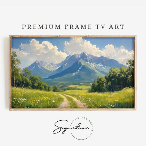 Lush Green Mountain Forest Tv Art Scenic Landscape Frame Tv Art Rustic Nature Painting Country Wall Decor 3496