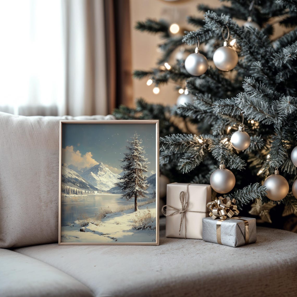 Snowy Mountain Lake With Lone Pine Tree And Peaks Winter Wall Art - Image 5