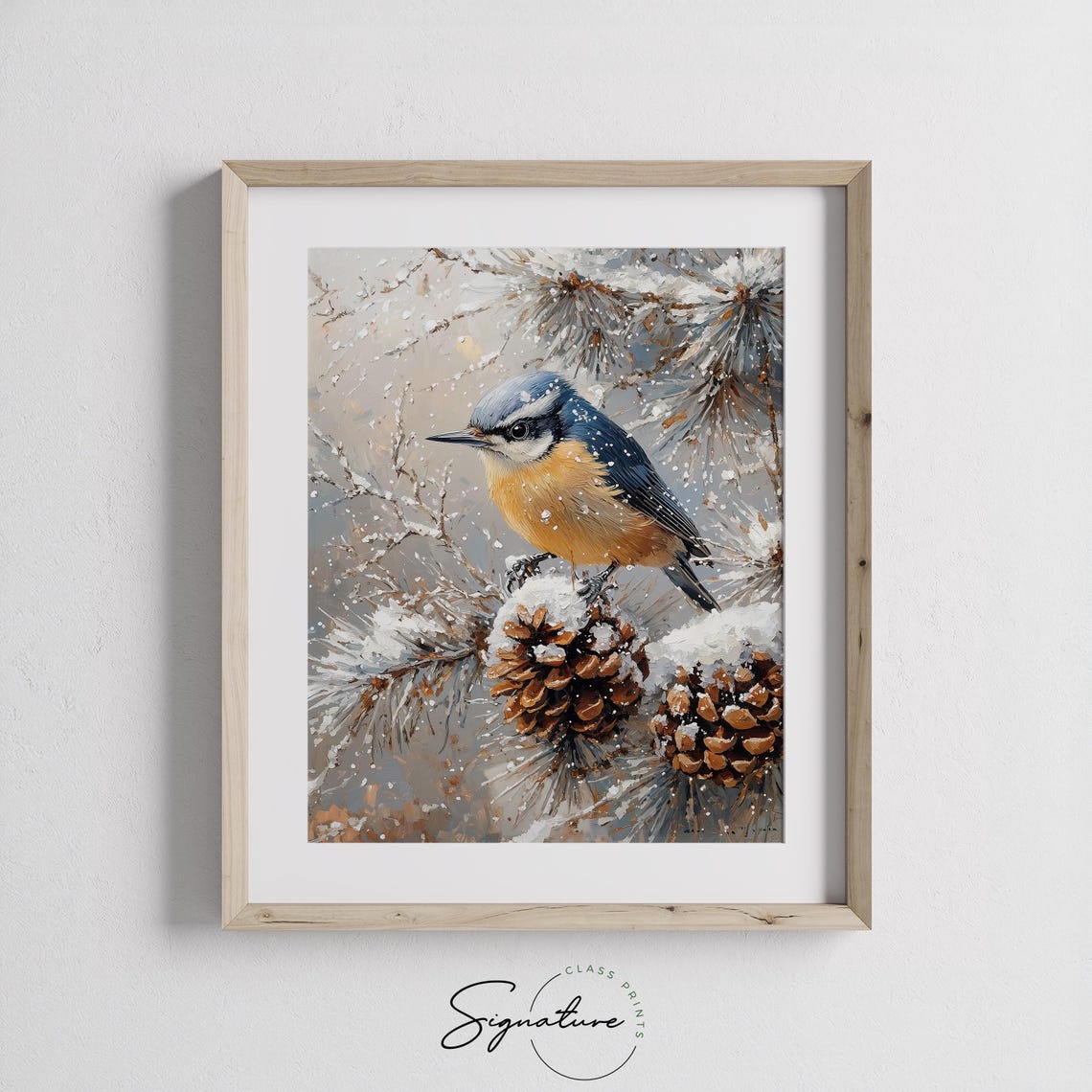 Nuthatch Perched On Snowy Pinecone Frosty Evergreen Bird Art Poster - Image 3