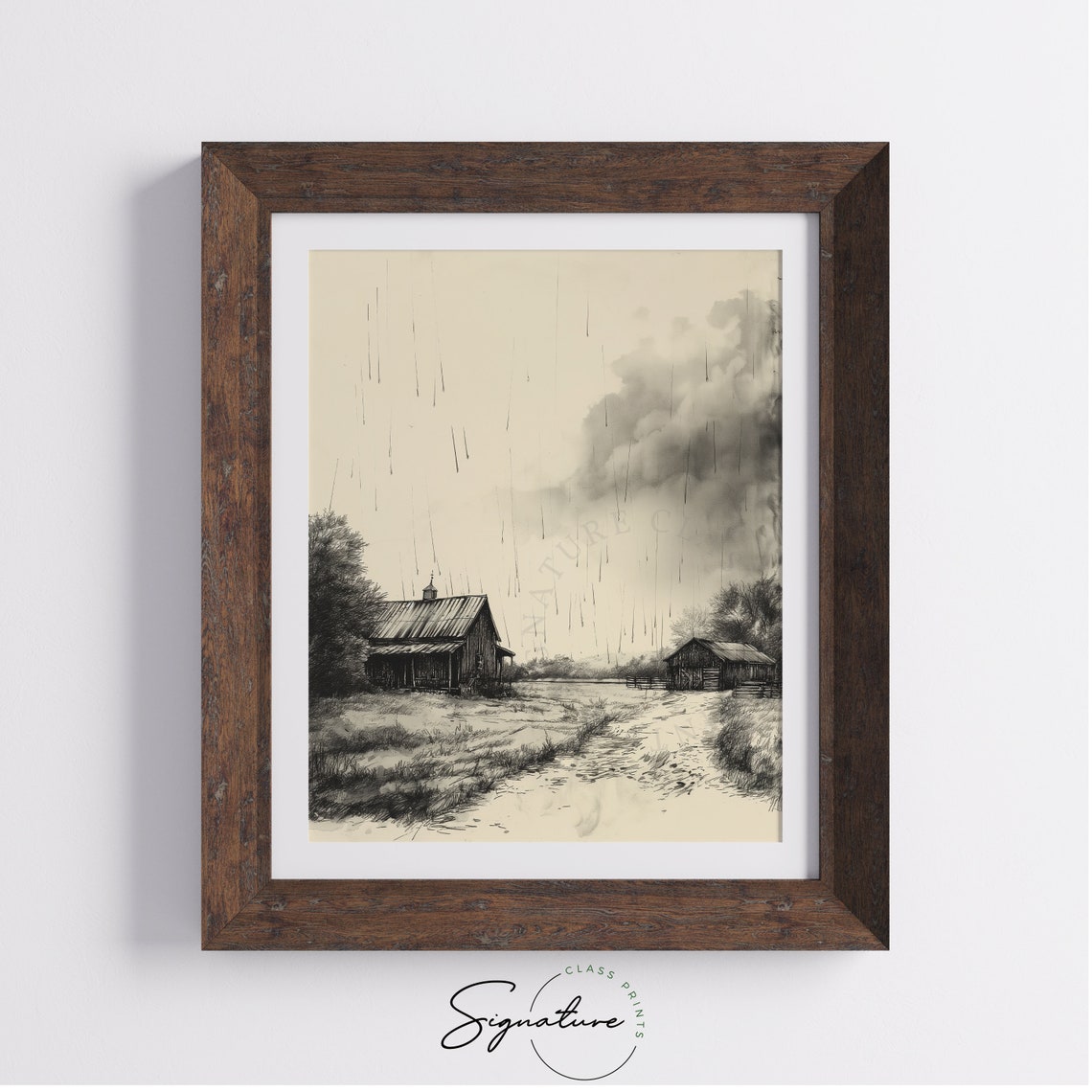 Rainy Farmstead Rustic Barn Sketch Stormy Countryside Landscape Poster - Image 4
