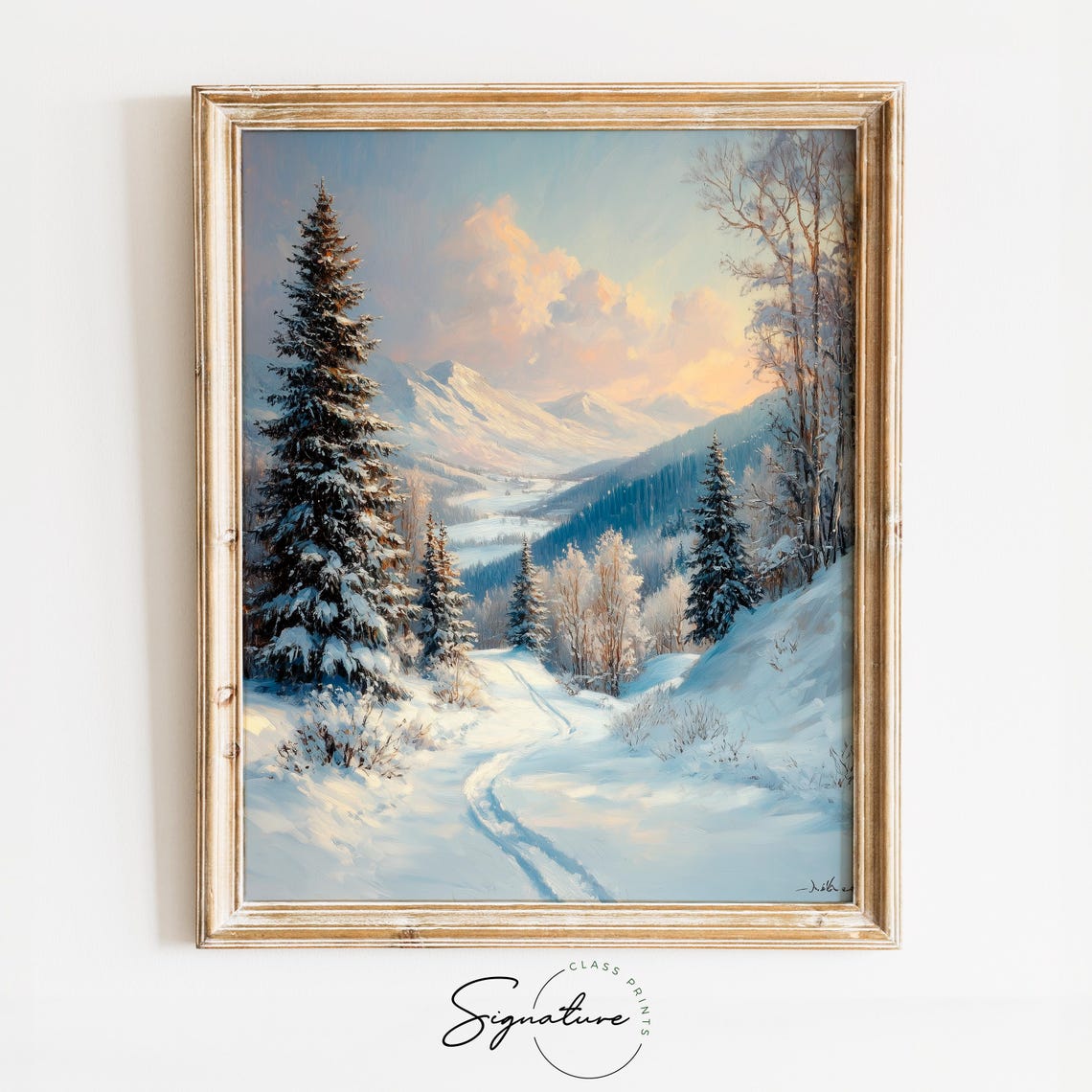Serene Snowy Trail Through Winter Woods Sunrise Landscape Poster