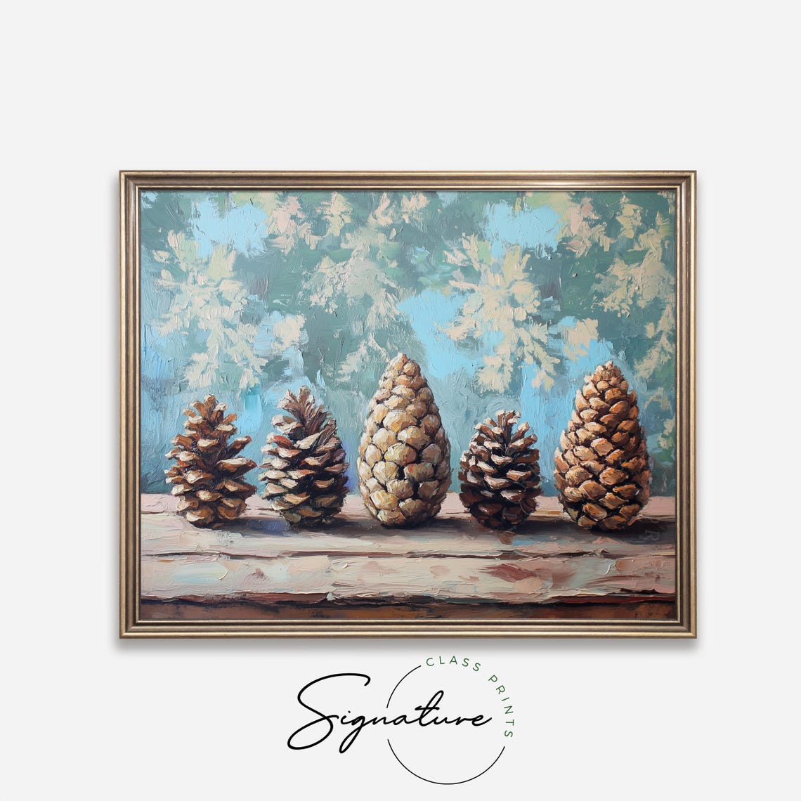 Five Pinecones On A Wooden Plank Against A Soft Blue Background Poster - Image 4