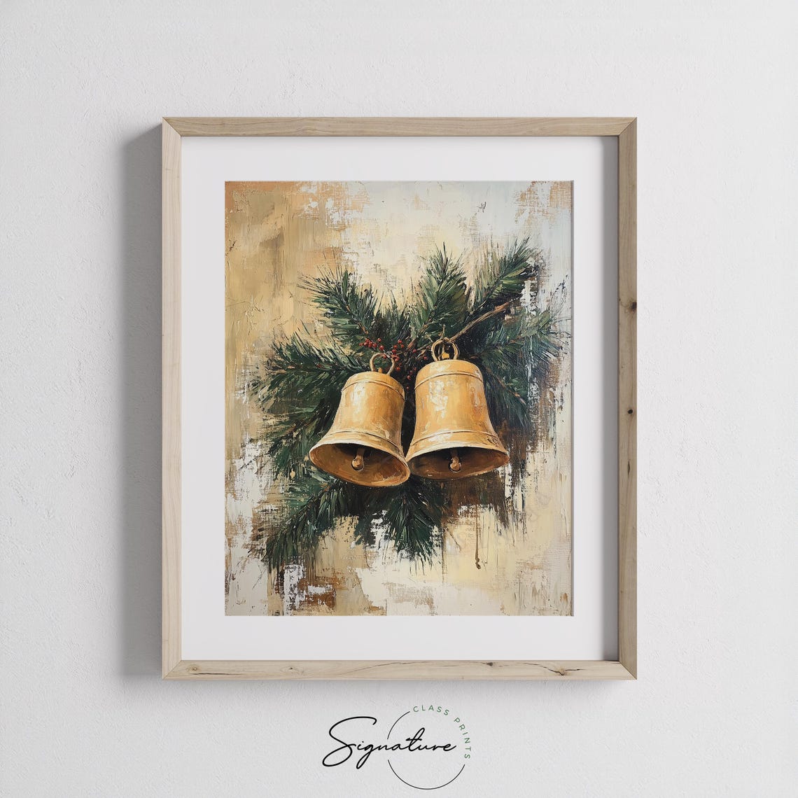 Pair of Golden Christmas Bells with Pine Branches Oil Painting Print - Image 2