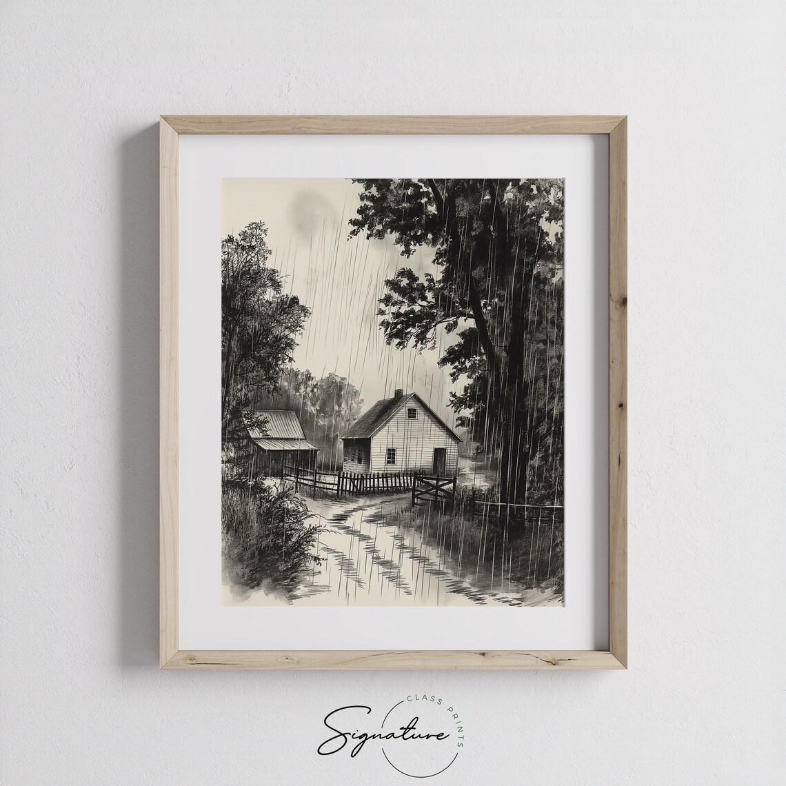 Rain Over Country Farmhouse Fences And Tall Trees Monochrome Poster - Image 3