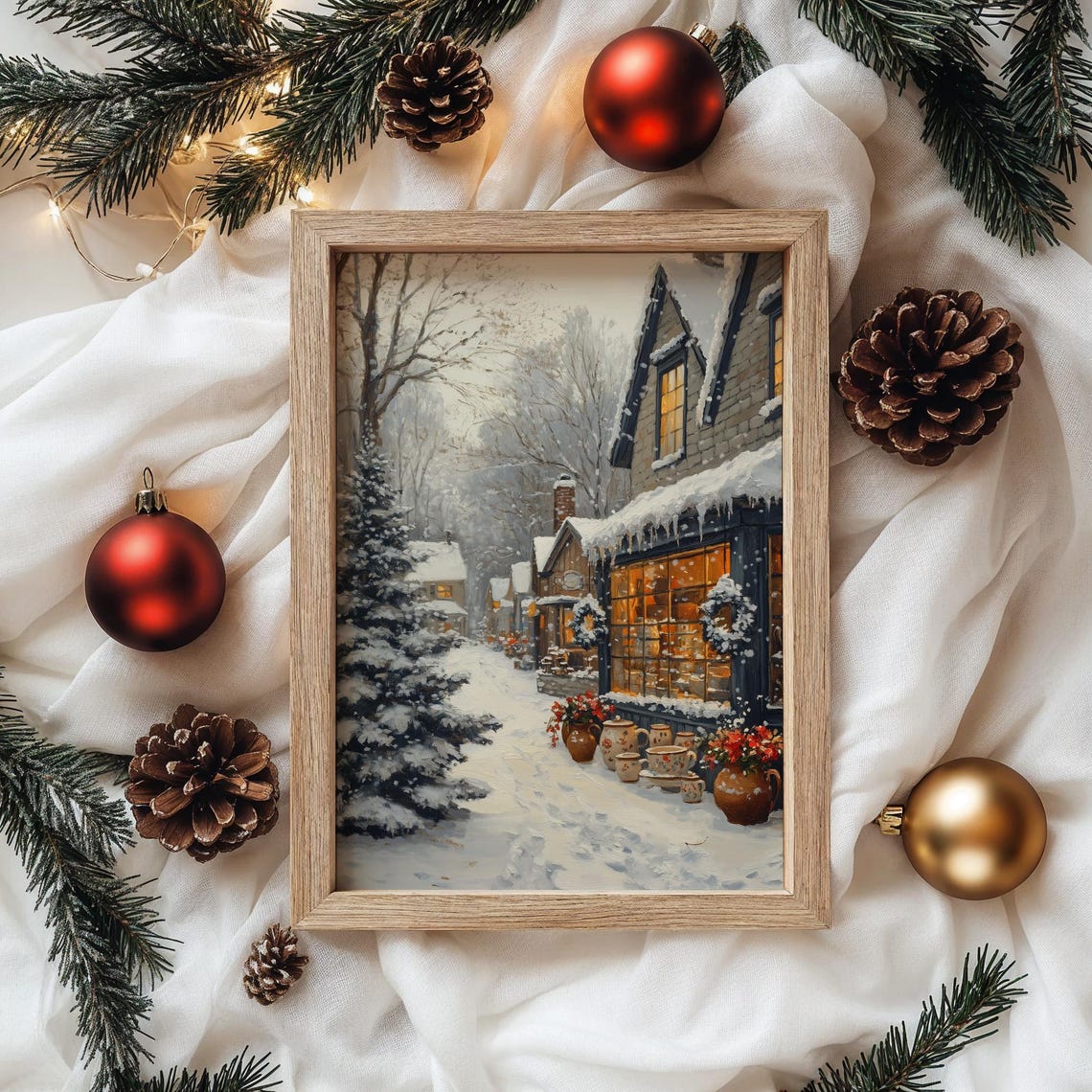 Snowy Pottery Shop with Glowing Window Winter Storefront Poster - Image 4